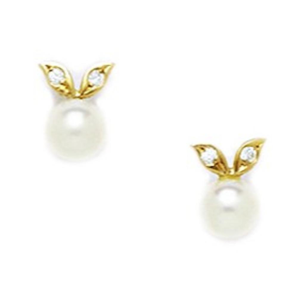 Jewelryweb 14k Yellow Gold White 5x5mm Freshwater Cultured Pearl and CZ Screw-Back Earrings - Measures 8x6mm