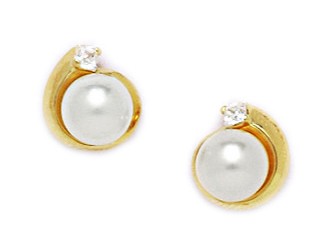 Jewelryweb 14k Yellow Gold White 6x6mm Freshwater Cultured Pearl and CZ Screw-Back Earrings - Measures 9x9mm