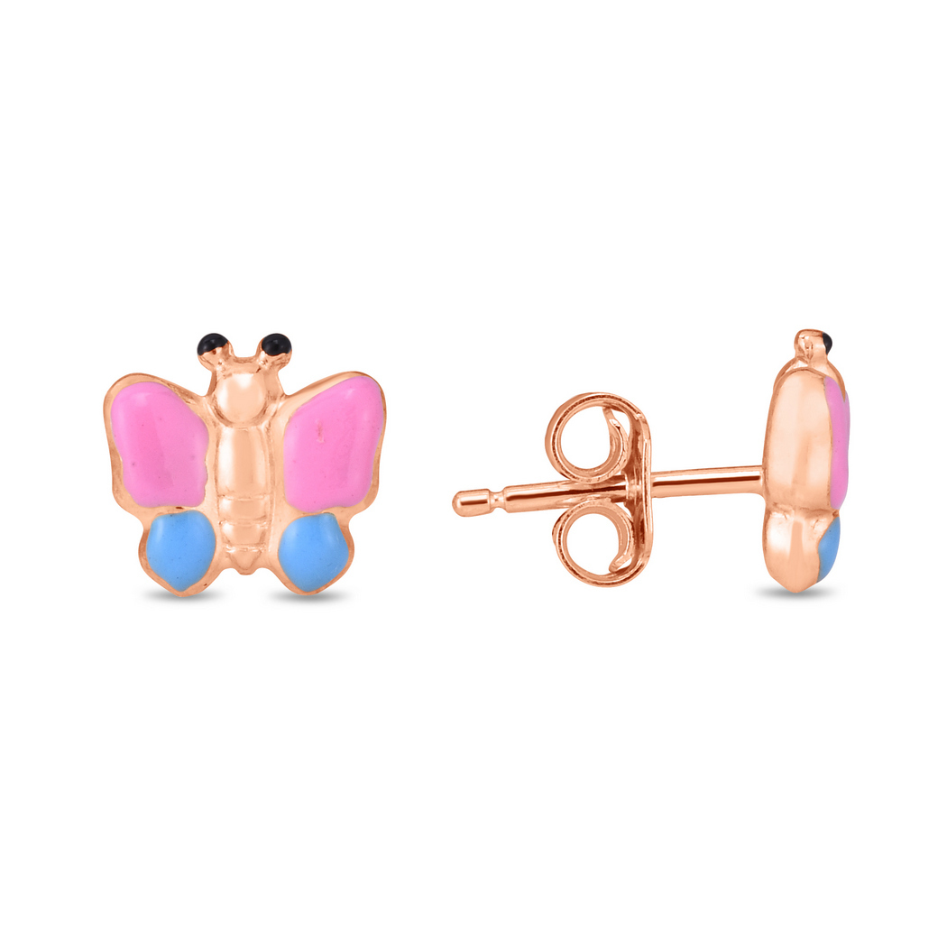 Jewelryweb 14k Yellow Gold Shiny Pink Blue Butterfly Post Earrings