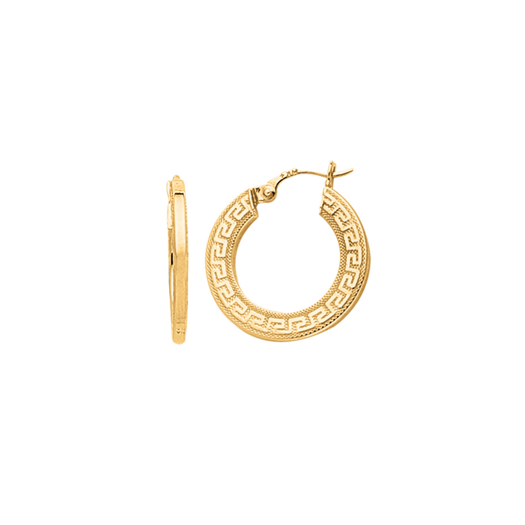 Jewelryweb 14k Yellow Gold Shiny Small Greek Key Textured Hoop Earrings With Hinged Clasp