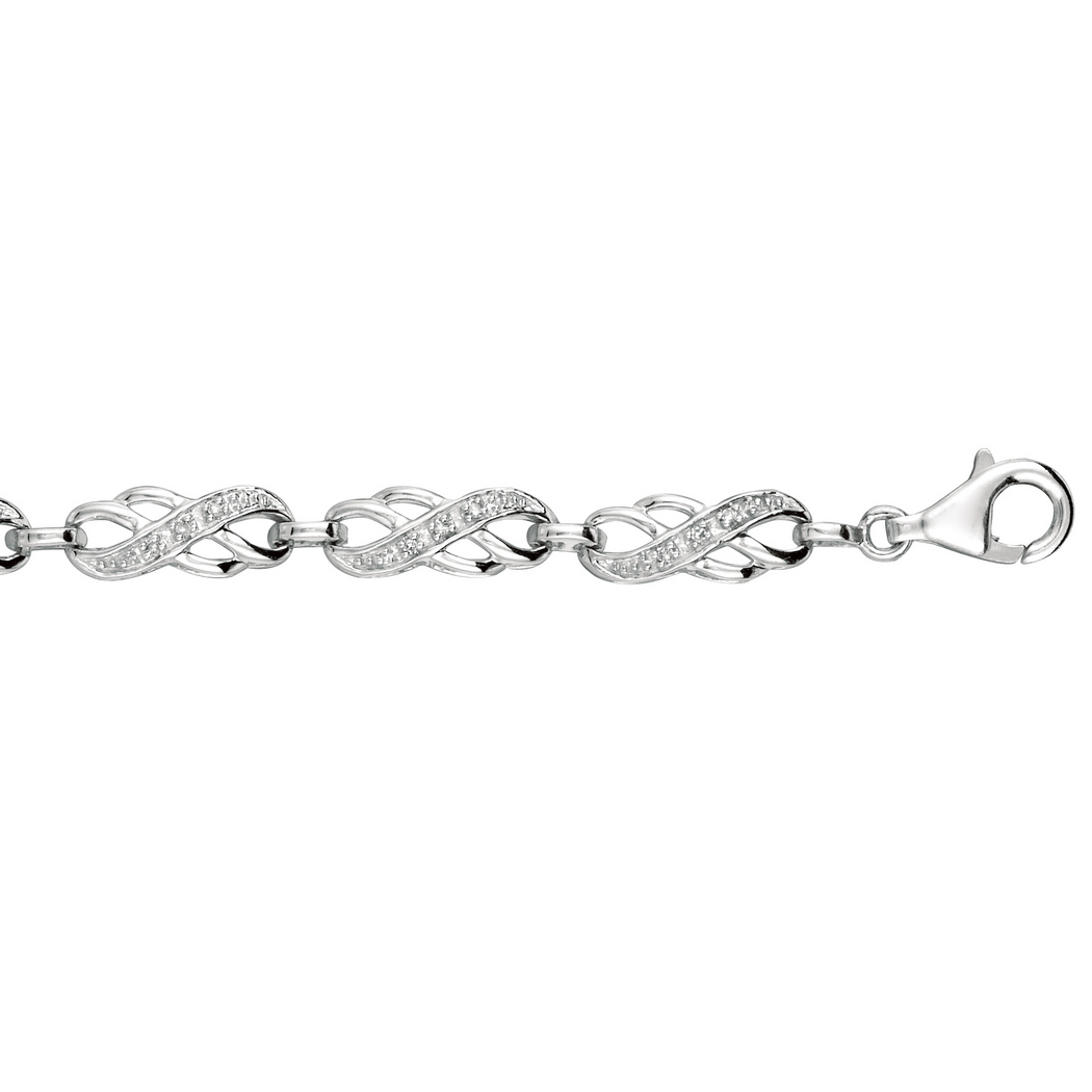 Jewelryweb Sterling Silver Rhodium 0.10ct White Diamond Double 8 Type Shape Bracelet Lobster Clasp - 7.25 Inch