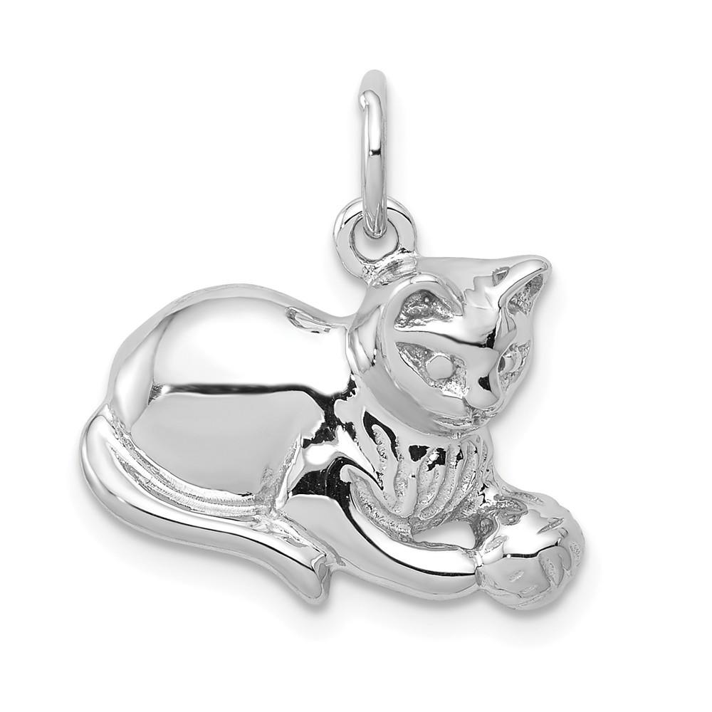 Jewelryweb 14k White Gold Sparkle-Cut Satin Open-Backed Cat Charm - Measures 17.5x17.8mm