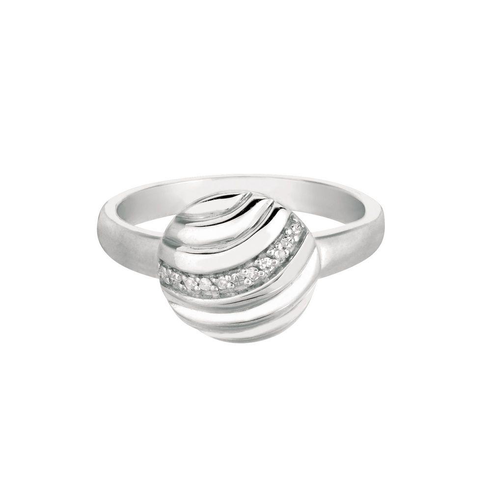 Jewelryweb Sterling Silver Rhodium Plated Polish Round Ridged Like Top - Size 8 Ring .03 Carat White Diamond