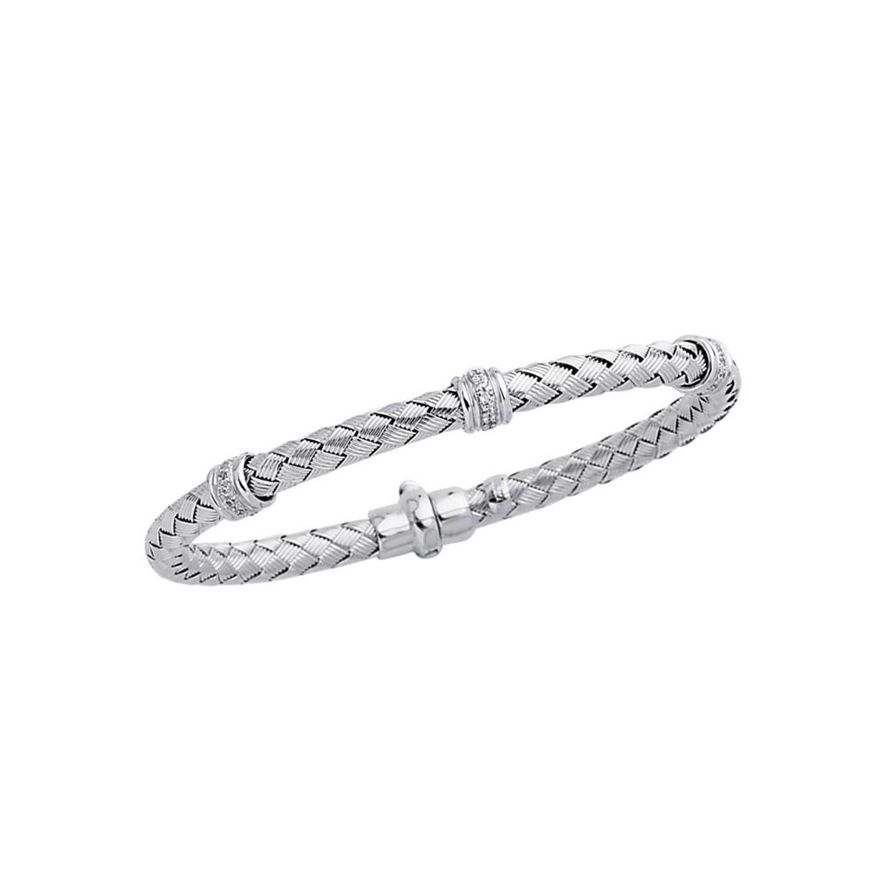 Jewelryweb 14k White Gold Round Basket Weaved Bangle Bracelet Magnetic Clasp Barrel 0.24ct White Diamond