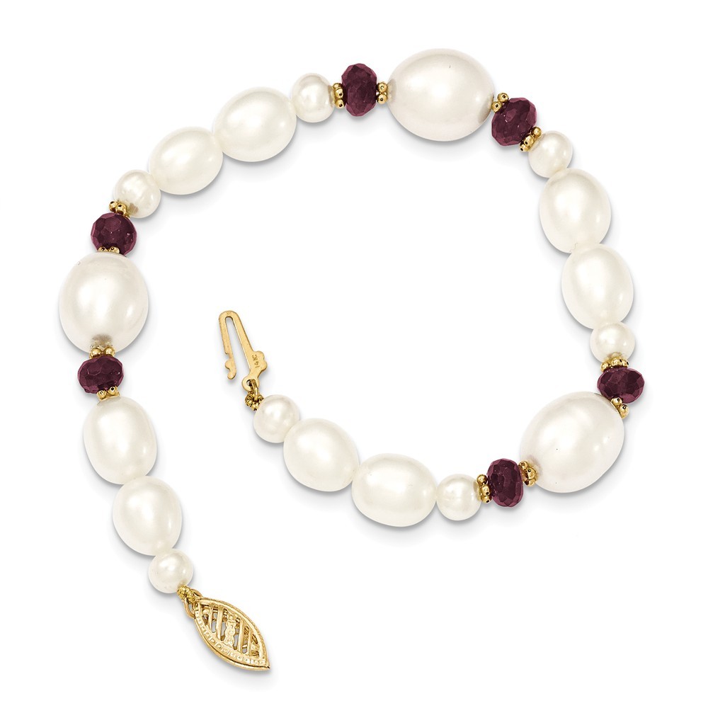 Jewelryweb 14k Yellow Gold Freshwater Freshwater Cultured Pearl and Faceted Garnet Bead Bracelet
