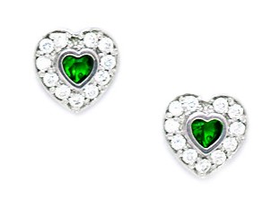 Jewelryweb 14k White Gold May Birthstone Emerald 3x3mm Cubic Zirconia Heart Screwback Earrings - Measures 8x8mm