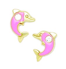 Jewelryweb 14k Yellow Gold Enamel Screw-Back Pink Dolphin Earrings - Measures 10x8mm