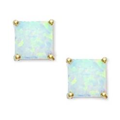 Jewelryweb 14k Yellow Gold White 7x7mm Square Simulated Opal Earrings