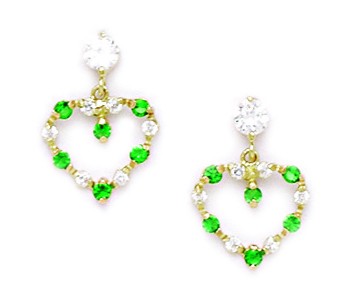 Jewelryweb 14k Yellow Gold May Birthstone Emerald Cubic Zirconia Heart Screw-Back Earrings - Measures 15x10mm