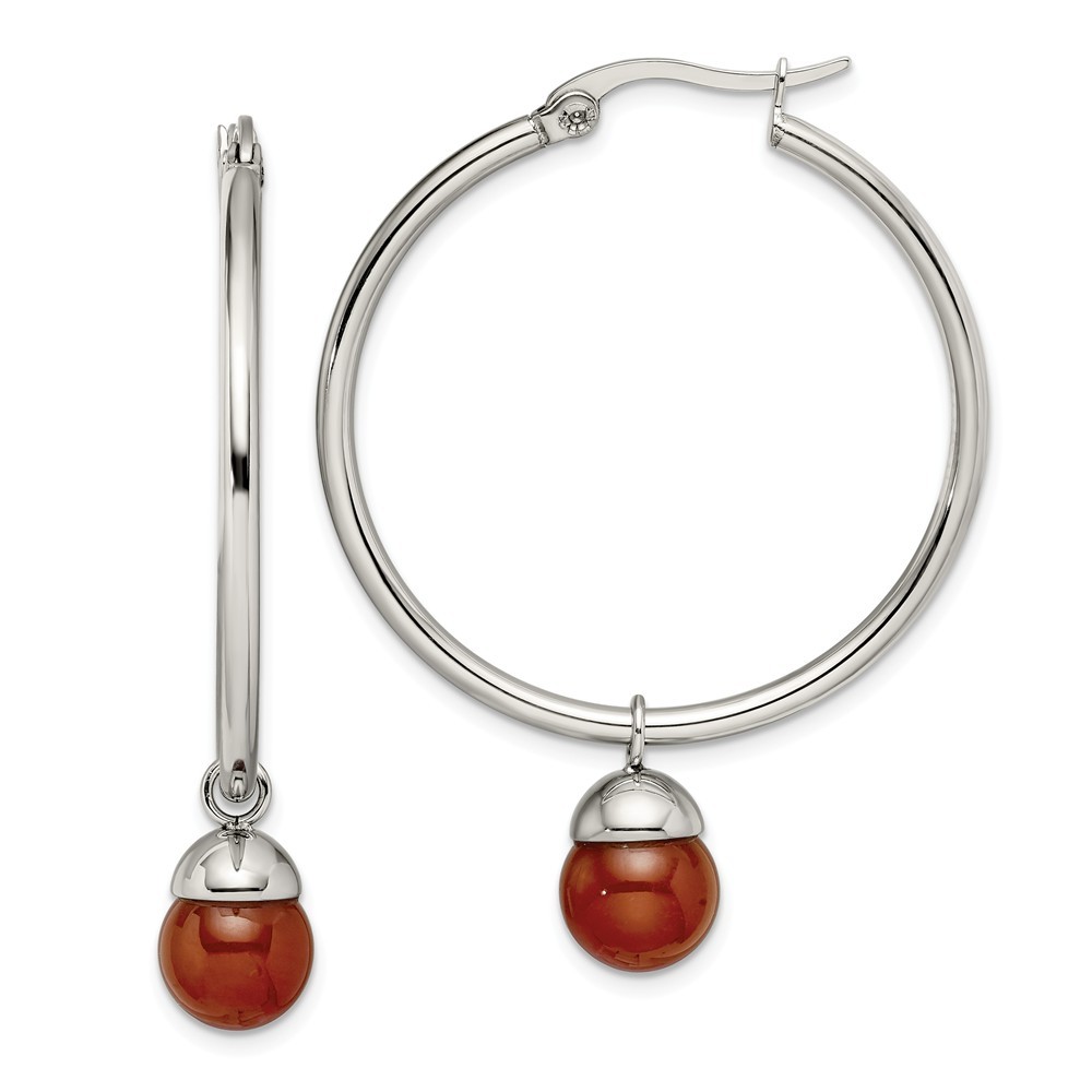 Jewelryweb Stainless Steel Polished Hoop With Red Agate Bead Earrings - Measures 37mm Wide 2mm Thick