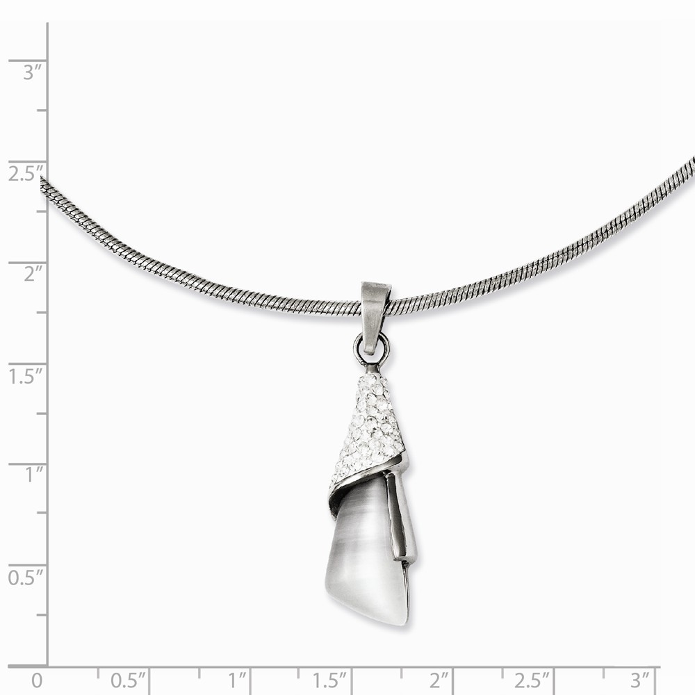 Jewelryweb Stainless Steel White Cats Eye and Cubic Zirconia Fancy Pendant - 20 Inch