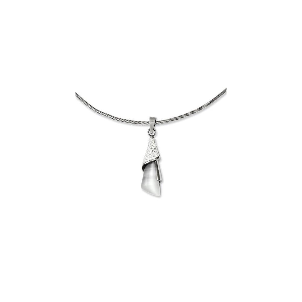 Jewelryweb Stainless Steel White Cats Eye and Cubic Zirconia Fancy Pendant - 20 Inch
