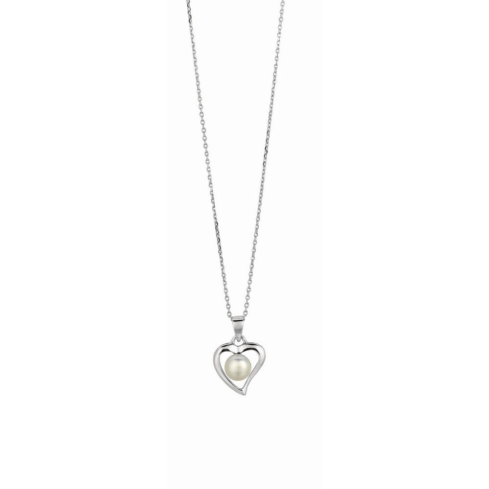 Jewelryweb Sterling Silver 1.1mm Cable Chain Open Centered Heart 6.5mm White Pearl Pendant Necklace - 18 Inch