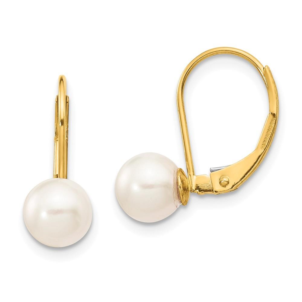 Jewelryweb 14k Yellow Gold 6-7mm Round White Akoya Pearl Leverback Earrings