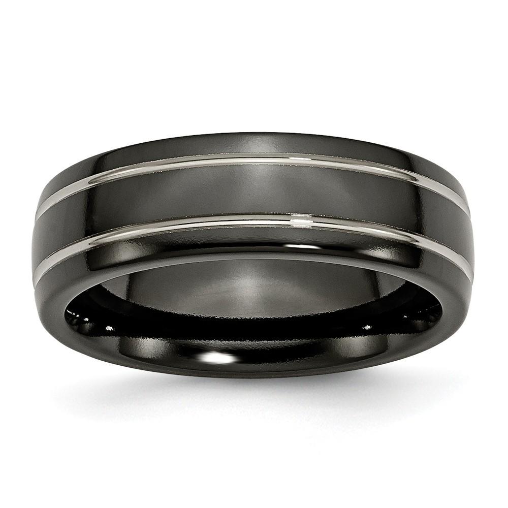 Jewelryweb Titanium Black with Grey Grooves 7mm Band Ring - Size 11.5