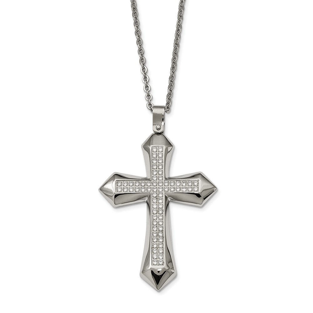 Jewelryweb Stainless Steel Polished Cubic Zirconia Cross Necklace - 24 Inch - Measures 48.1mm Wide