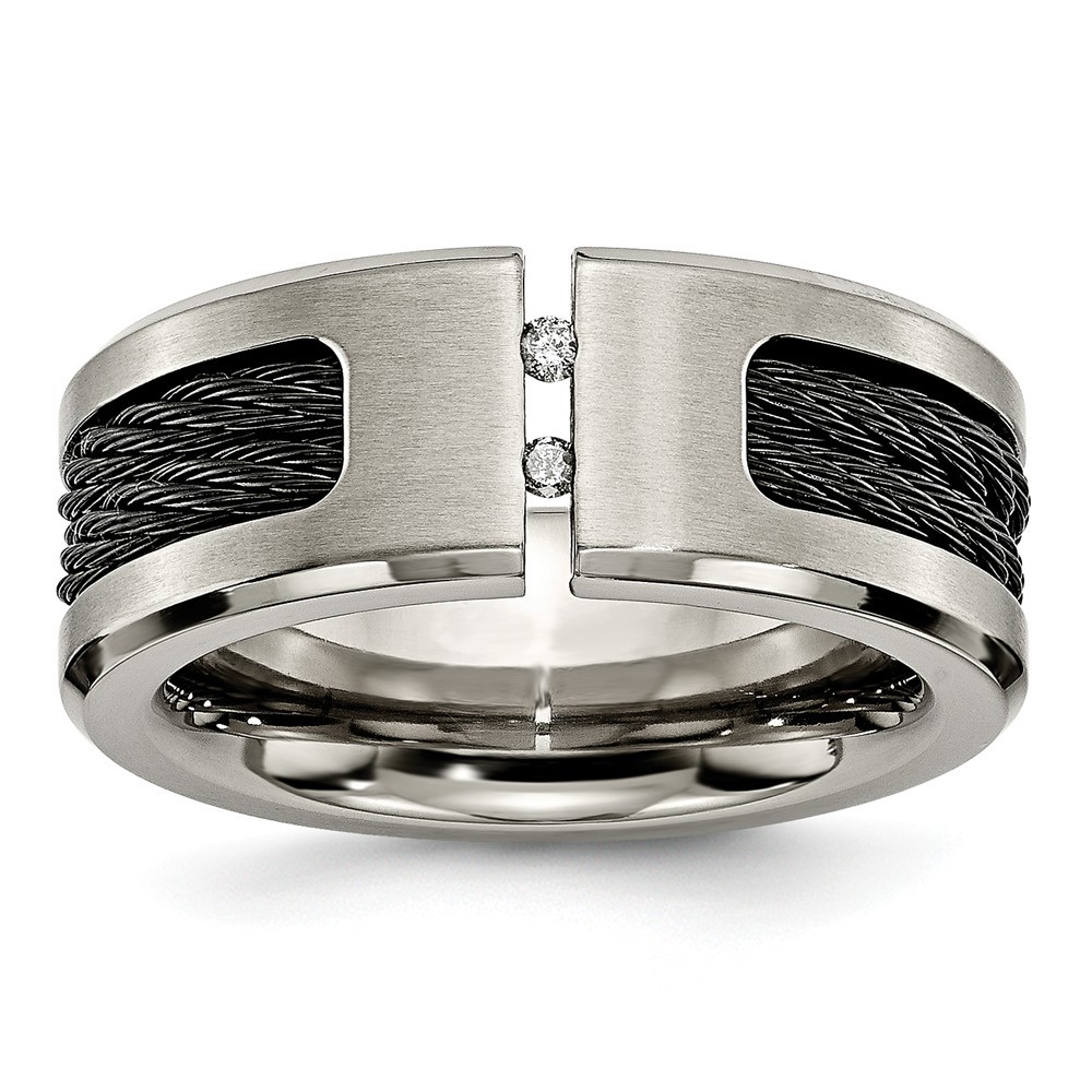 Jewelryweb Titanium Black Cable and Diamonds 10mm Band Ring - Size 8