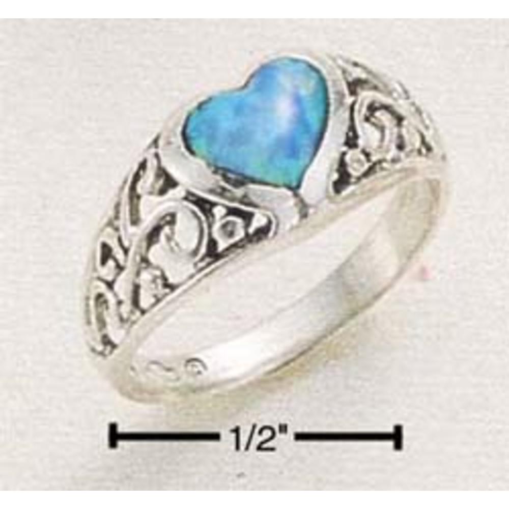 Jewelryweb Sterling Silver Raised Filigree Ring Lab Simulated Opal Heart - Size 8.0