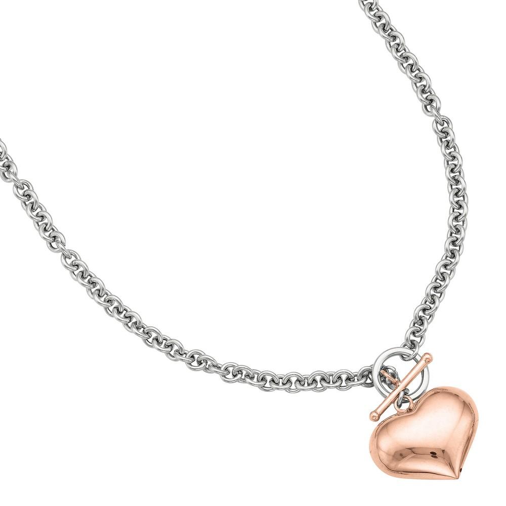 Jewelryweb Sterling Silver Rhodium Plated Polish Round Chain Necklace Toggle Lock Rose Gold Puff Plated Heart