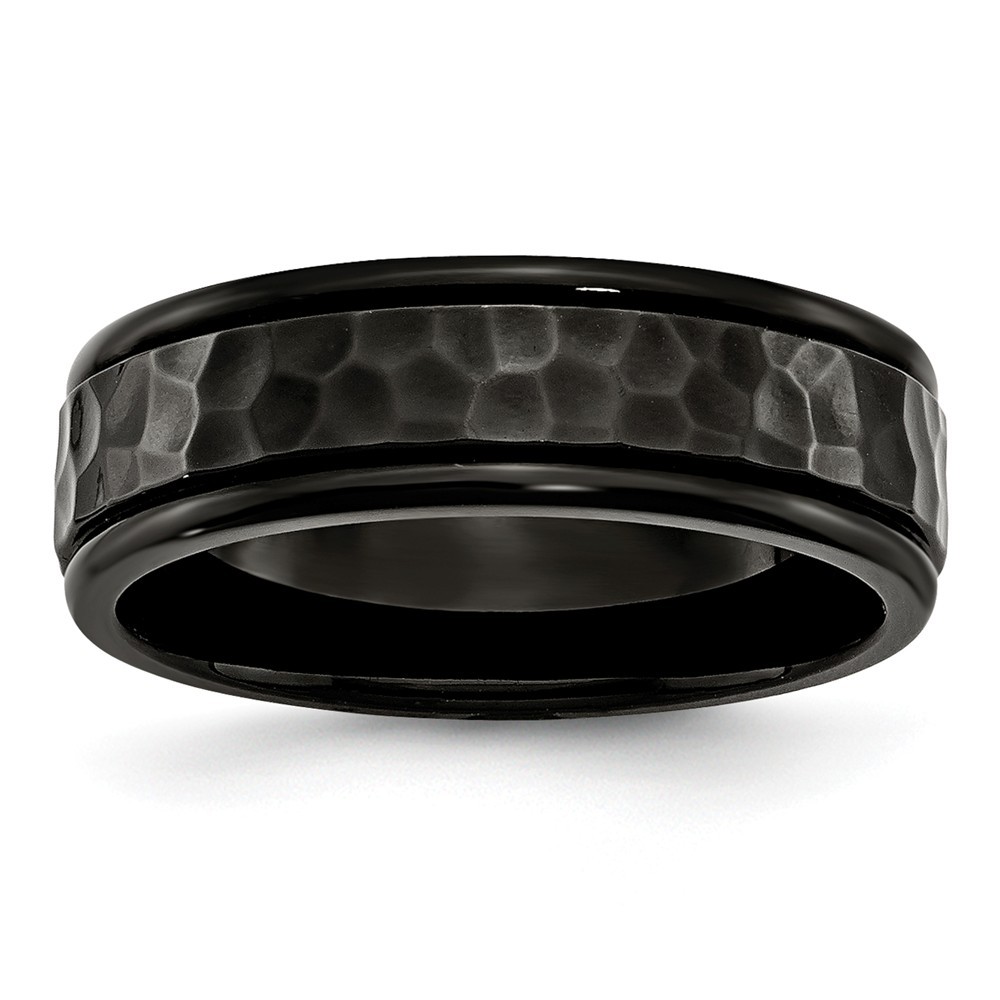 Jewelryweb Stainless Steel 7mm Black Ip-plated Hammered and Polished Band Ring - Size 8
