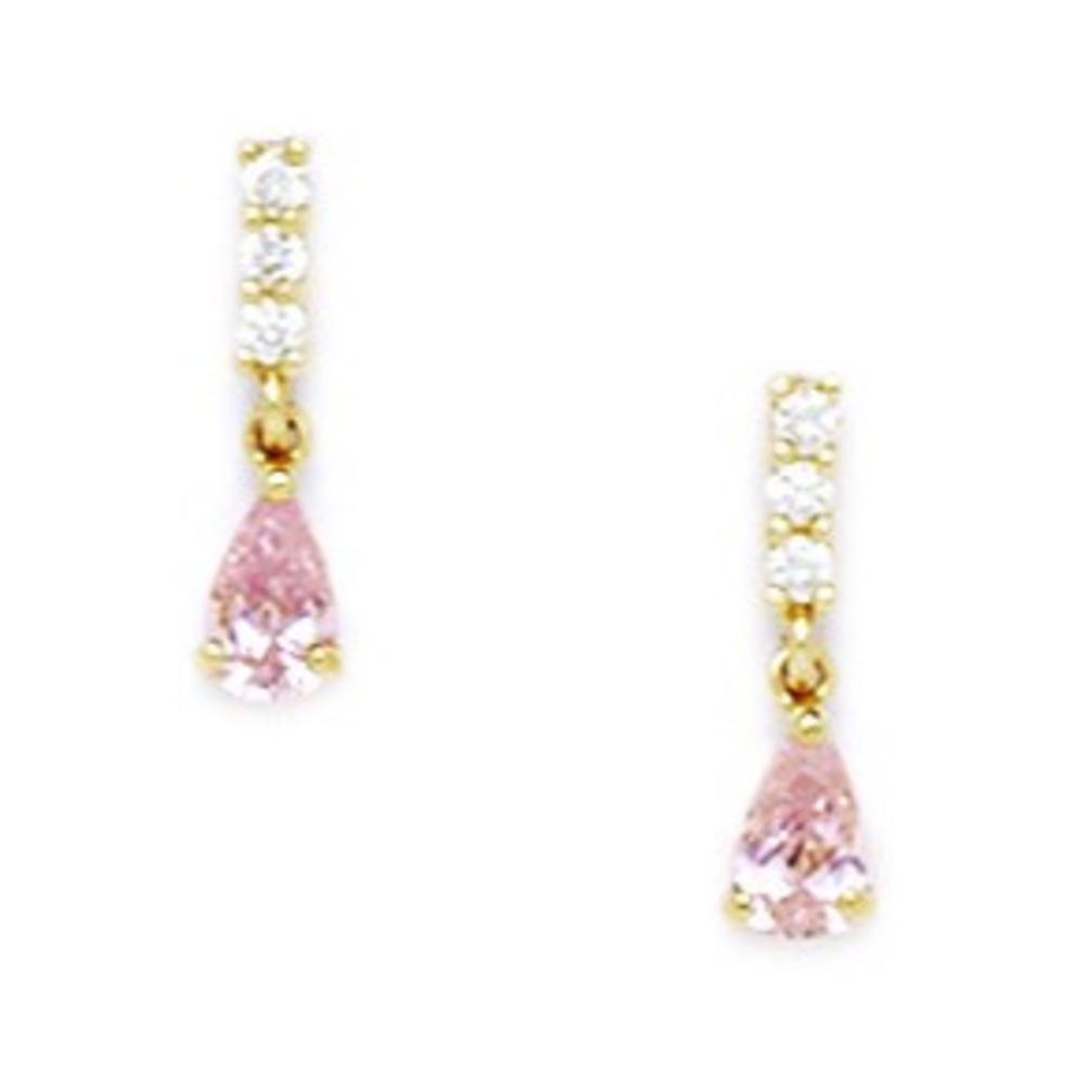 Jewelryweb 14k Yellow Gold Pink Cubic Zirconia Pear Shaped Drop Screw-Back Earrings - Measures 13x3mm