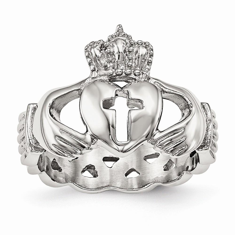 Jewelryweb Stainless Steel Polished Claddagh With Cross Ring - Size 12