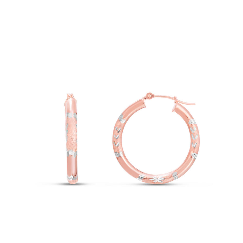 Jewelryweb 14k Rose Gold Sparkle-Cut Round Tube Hoop Earrings With Hinged Clasp