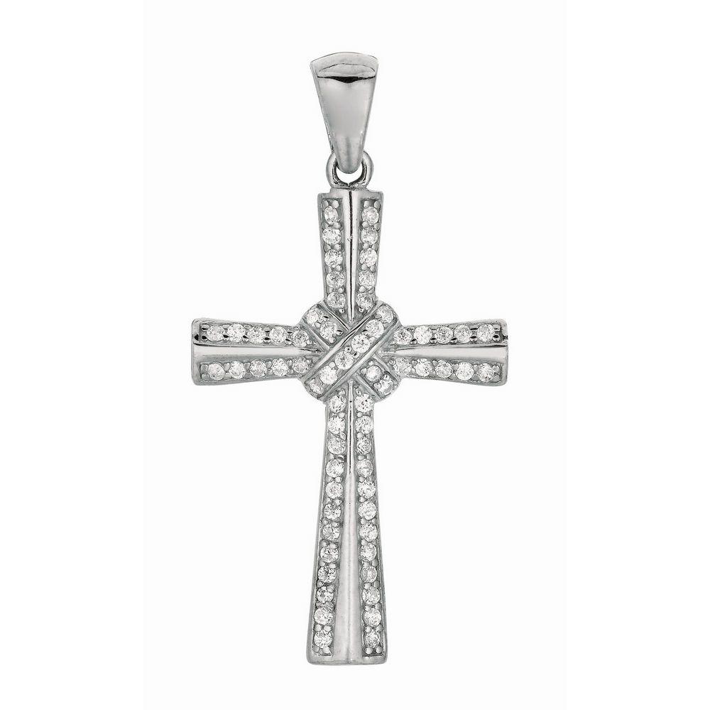 Jewelryweb Sterling Silver Cubic Zirconia Rhodium Plated Micro Pave Cross Pendant Pen