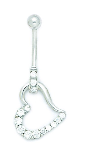 Jewelryweb 14k White Gold Cubic Zirconia 14 Gauge Dangling Heart Body Jewelry Belly Ring - Measures 36x16mm