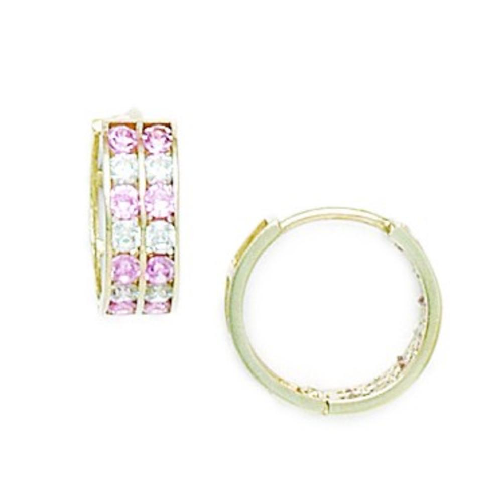 Jewelryweb 14k Yellow Gold Pink Cubic Zirconia Hoop Hinged Earrings - Measures 14x15mm
