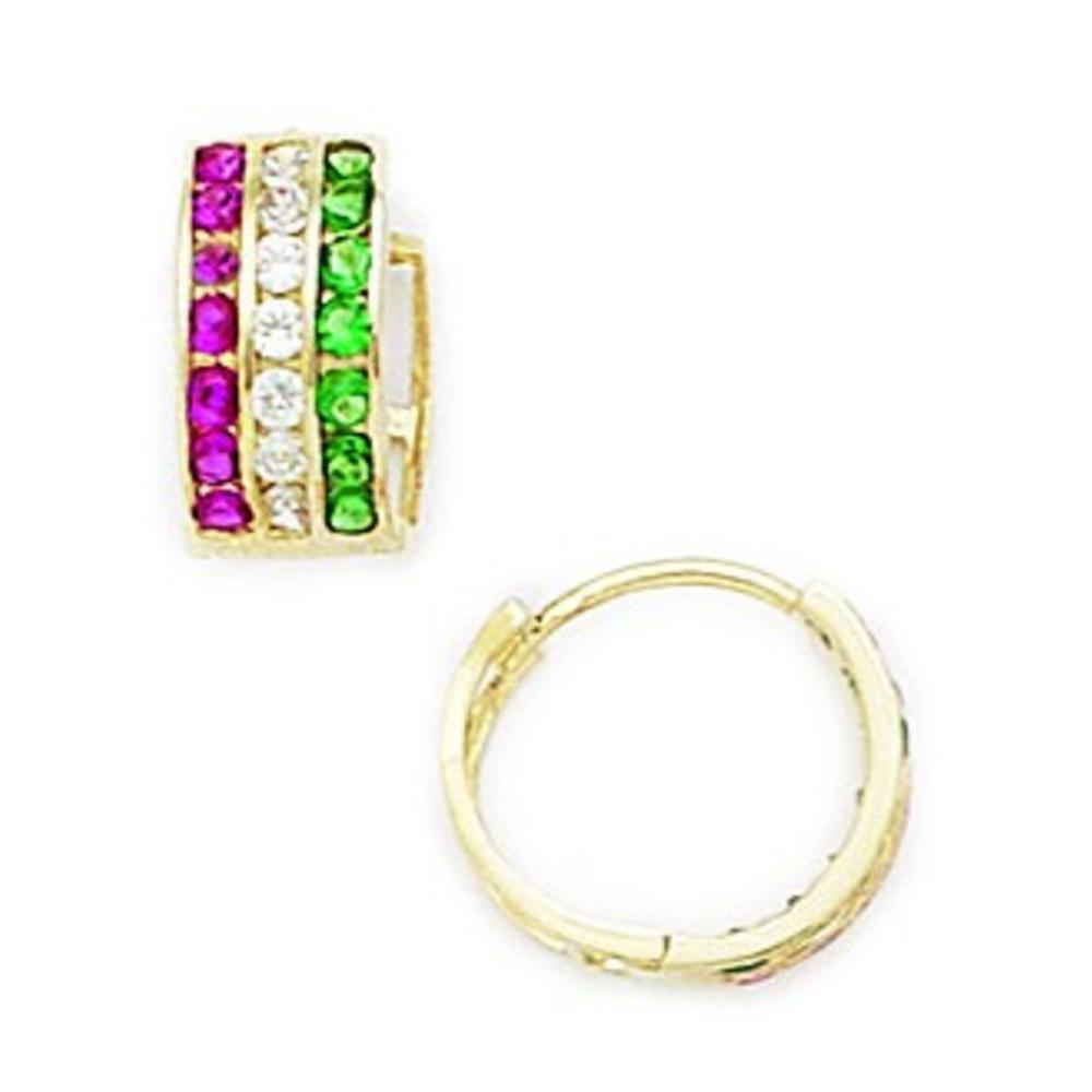 Jewelryweb 14k Yellow Gold Green and Red Cubic Zirconia Triple Row Hoop Hinged Earrings - Measures 11x11mm