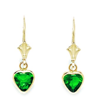 Jewelryweb 14k Yellow Gold May Birthstone Emerald CZ Large Heart Drop Leverback Earrings - Measures 24x7mm