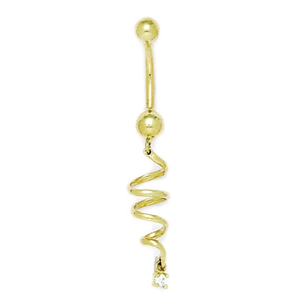 Jewelryweb 14k Yellow Gold Cubic Zirconia 14 Gauge Dangling Spiral Body Jewelry Belly Ring - Measures 45x8mm