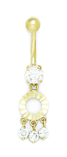 Jewelryweb 14k Yellow Gold CZ 14 Gauge Dangling Circle Drop Body Jewelry Belly Ring - Measures 37x9mm