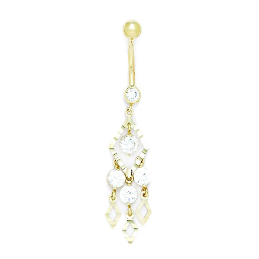 Jewelryweb 14k Yellow Gold CZ 14 Gauge Dangling Fancy Drop Body Jewelry Belly Ring - Measures 50x11mm