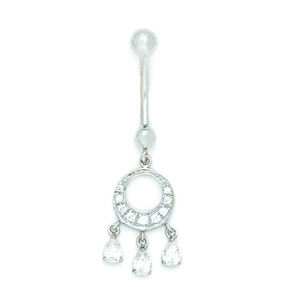 Jewelryweb 14k White Gold CZ 14 Gauge Dangling Circle Drop Body Jewelry Belly Ring - Measures 40x13mm