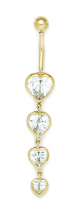 Jewelryweb 14k Yellow Gold CZ 14 Gauge Dangling Multihearts Body Jewelry Belly Ring - Measures 51x9mm