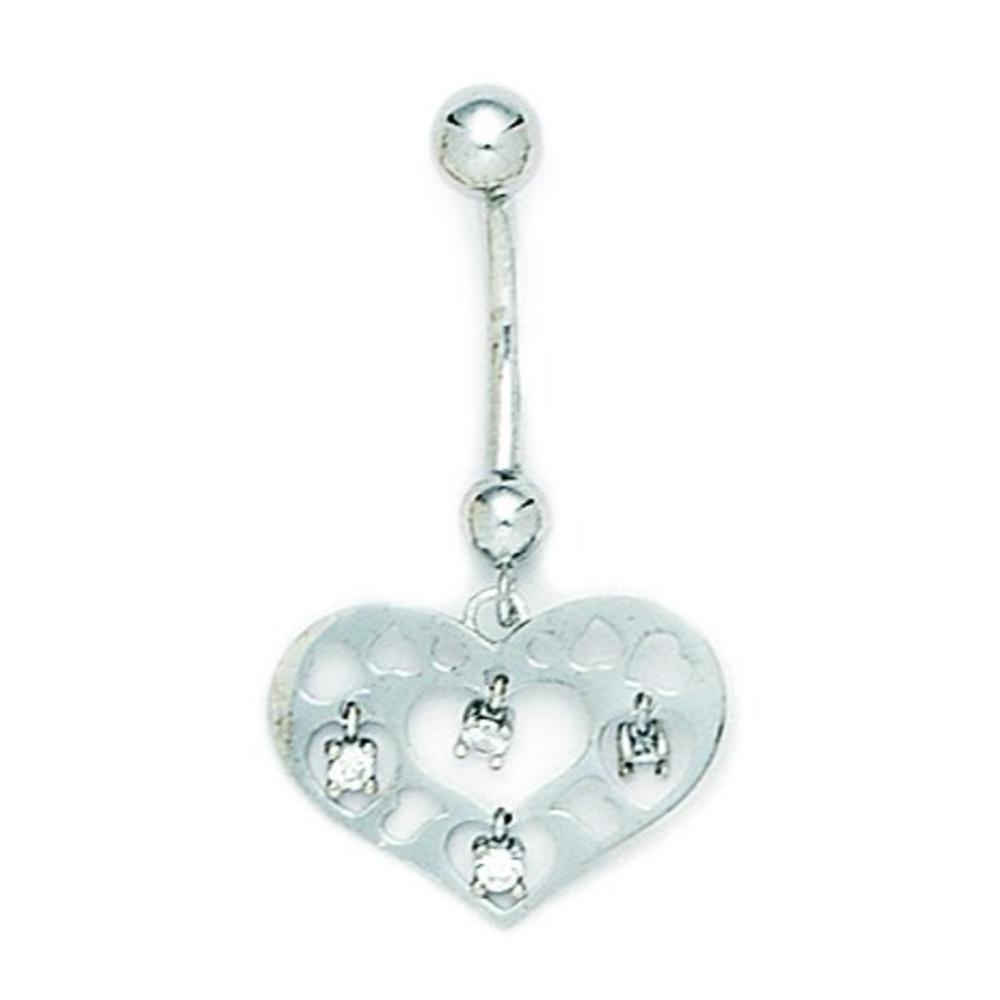 Jewelryweb 14k White Gold Cubic Zirconia 14 Gauge Dangling Heart Body Jewelry Belly Ring - Measures 34x19mm