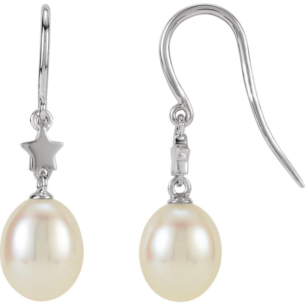 Jewelryweb 14k White Gold Drop 6.5mm Pearl Polished Freshwater Cultured Pearl Earrings