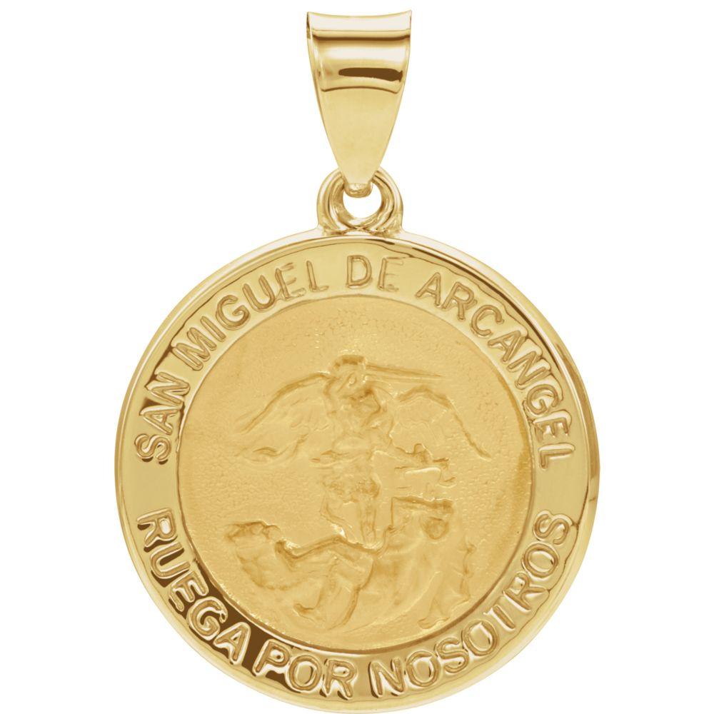 Jewelryweb Spanish 14k Yellow Gold 18mm Polished Round Hollow Spanish St. Michael Medal Pendant