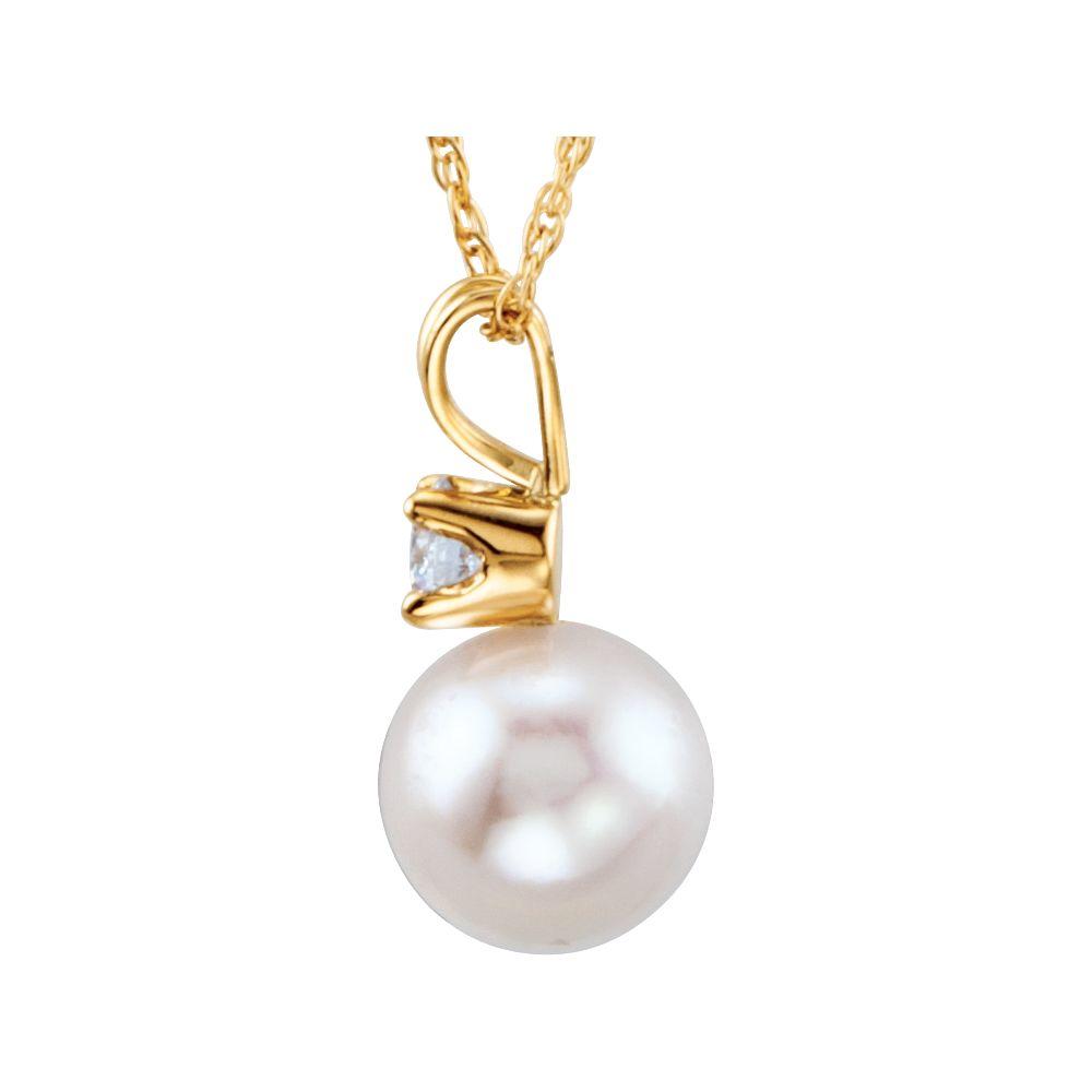 Jewelryweb 14k Yellow Gold 7mm 0.1 Dwt Polished Akoya Cultured Pearl and Diamond Necklacek