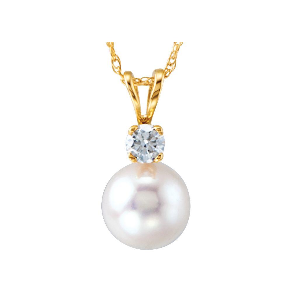 Jewelryweb 14k Yellow Gold 7mm 0.1 Dwt Polished Akoya Cultured Pearl and Diamond Necklacek
