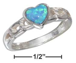 Jewelryweb Sterling Silver Small Lab Blue Simulated Opal Heart Open Curb Link Band Ring - Size 5