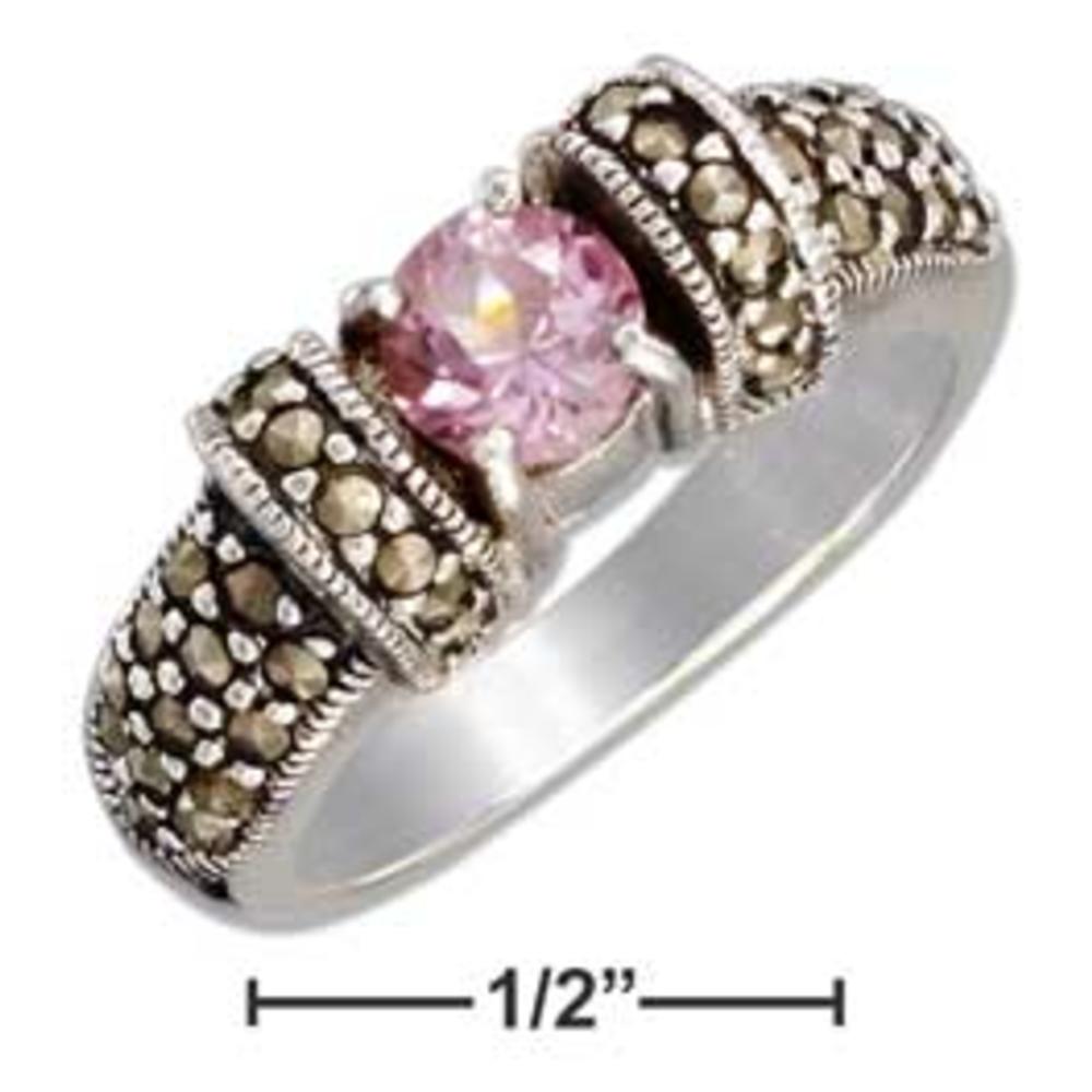 Jewelryweb Sterling Silver 5.5mm Round Simulated Amethyst and Marcasite Ring - Size 7