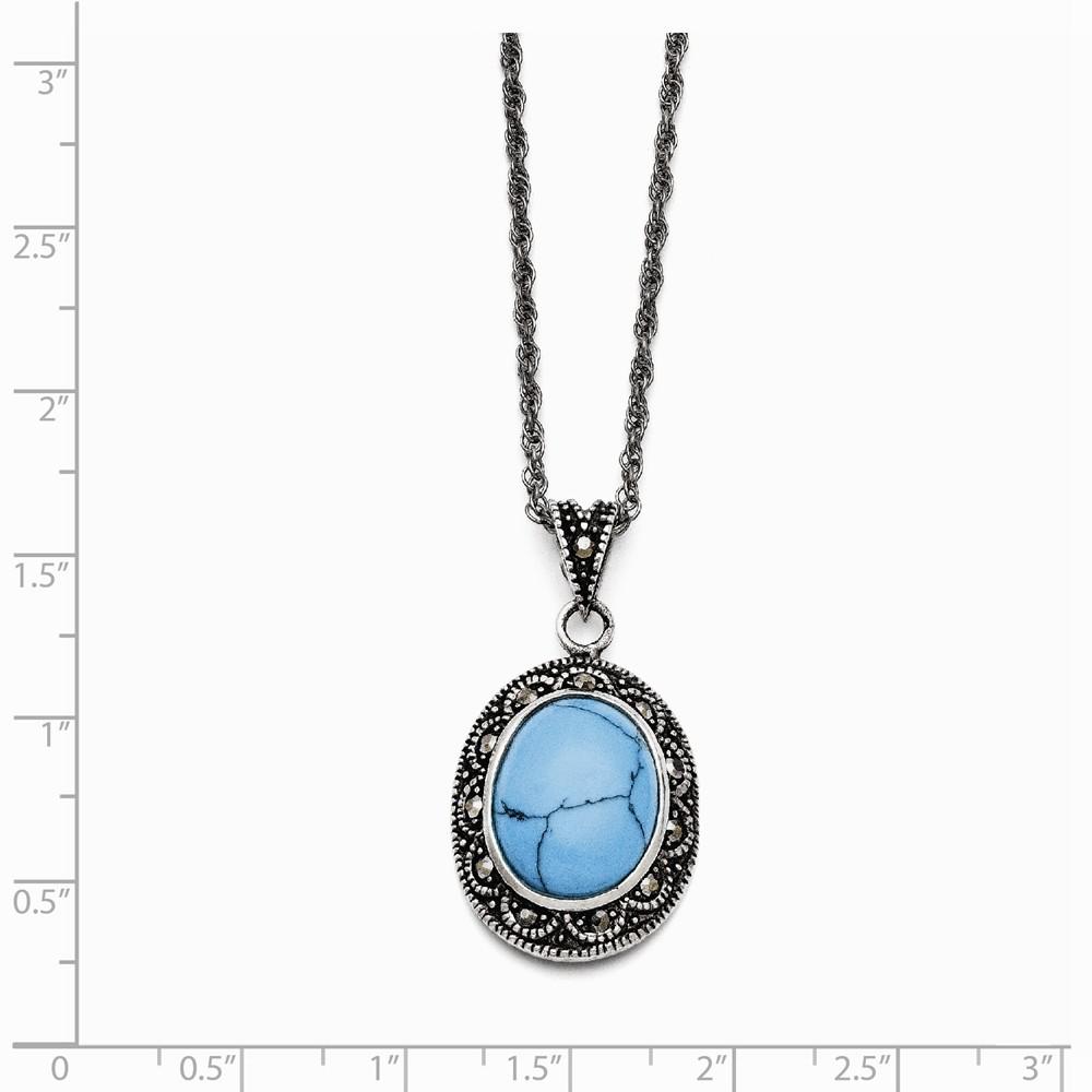 Jewelryweb Stainless Steel Simulated Turquoise Crystal Antiqued Oval Necklace - 18 Inch