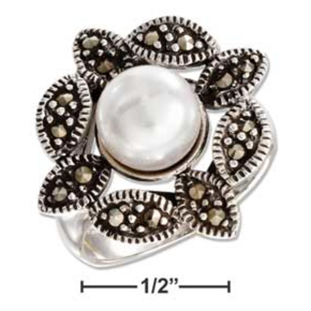 Jewelryweb Sterling Silver Marcasite Framed Freshwater Cultured Pearl Ring - Size 6