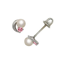 Jewelryweb 14k White Gold Pink 4x4mm CZ and Freshwater Cultured Pearl Fancy Screwback Earrings - Measures 6x5mm