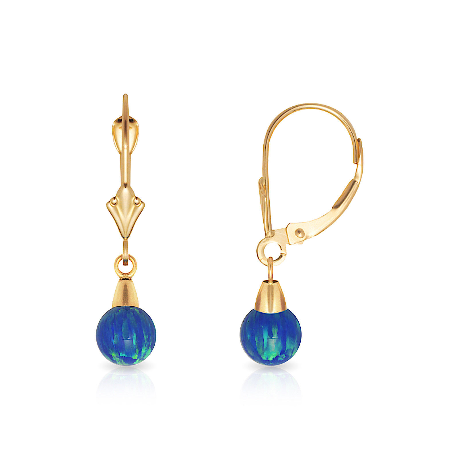 Jewelryweb 14k Yellow Gold Blue 6x6mm Simulated Opal Ball Drop Leverback Earrings - Measures 26x6mm