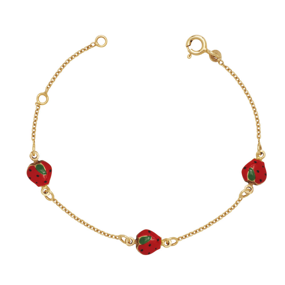 Jewelryweb 14k Yellow Gold 5.75 Inch Adjustable Three Strawberries Enamel Baby Id Bracelet - Measures 7mm