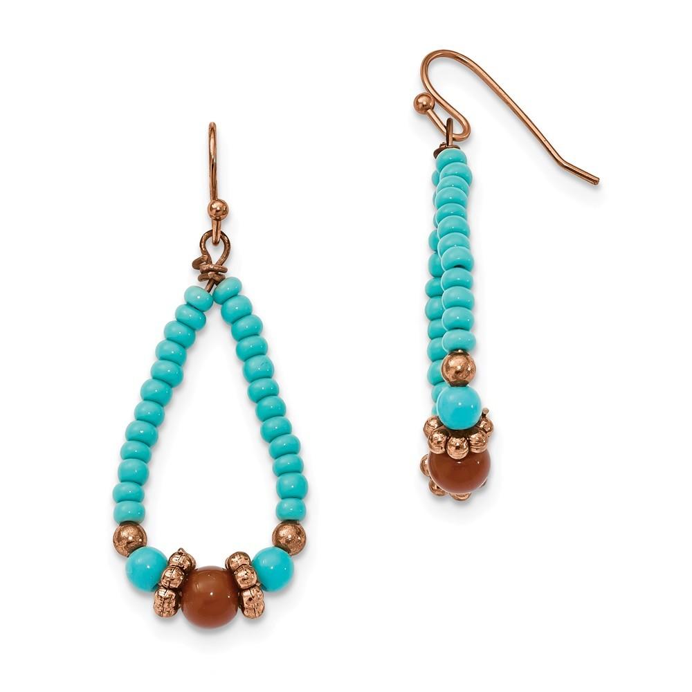 Jewelryweb Copper-tone Aqua and Brown Beads Teardrop Dangle Earrings